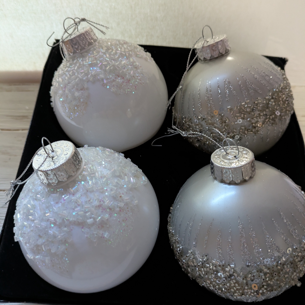 Elegant bebe Silver and White Holiday Beaded Ornament Collection